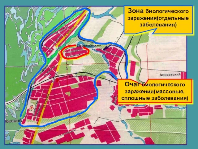 Зона биологического заражения(отдельные заболевания) Очаг биологического заражения(массовые, сплошные заболевания)