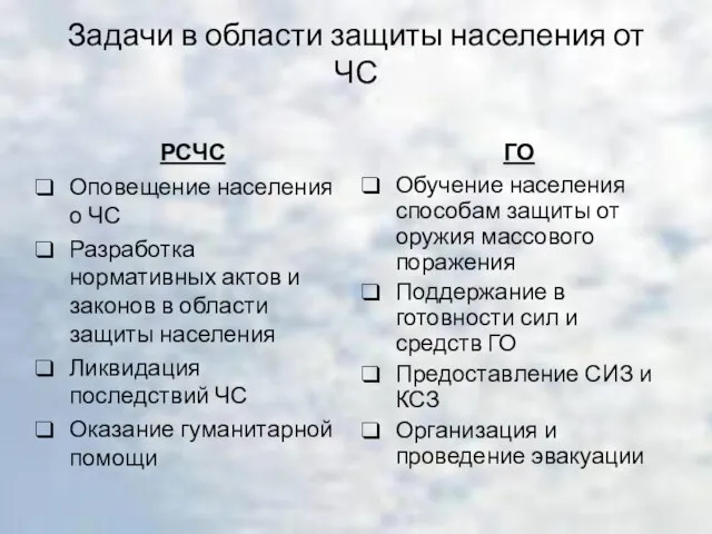 Задачи в области защиты населения от ЧС РСЧС Оповещение населения о ЧС