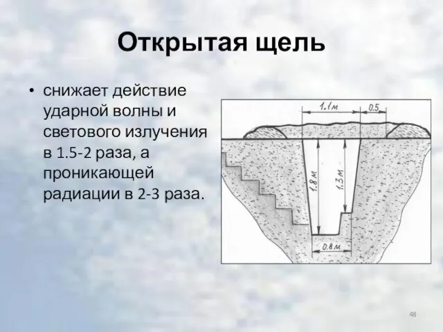 Открытая щель снижает действие ударной волны и светового излучения в 1.5-2 раза,