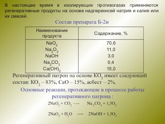 В настоящее время в изолирующих противогазах применяются регенеративные продукты на основе надперекисей