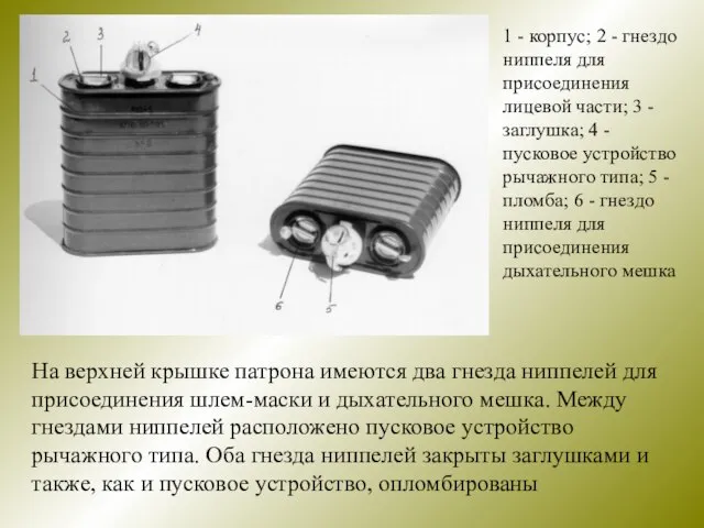 1 - корпус; 2 - гнездо ниппеля для присоединения лицевой части; 3