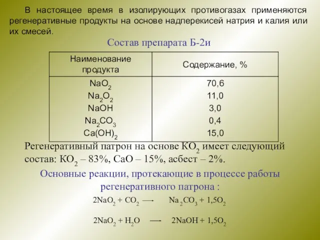 В настоящее время в изолирующих противогазах применяются регенеративные продукты на основе надперекисей