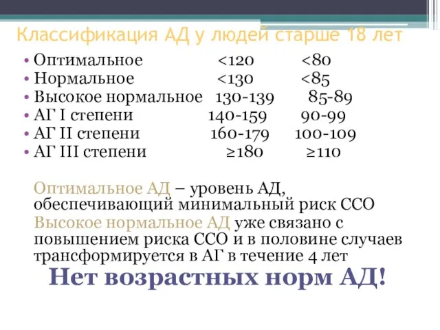 Классификация АД у людей старше 18 лет Оптимальное Нормальное Высокое нормальное 130-139