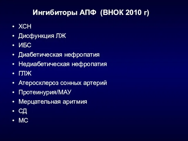 Ингибиторы АПФ (ВНОК 2010 г) ХСН Дисфункция ЛЖ ИБС Диабетическая нефропатия Недиабетическая