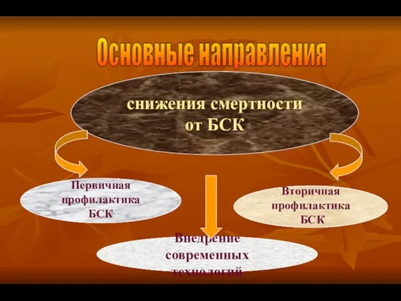 Первичная профилактика БСК Вторичная профилактика БСК снижения смертности от БСК Внедрение современных технологий Основные направления