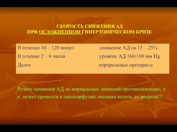 СКОРОСТЬ СНИЖЕНИЯ АД ПРИ ОСЛОЖНЕННОМ ГИПЕРТОНИЧЕСКОМ КРИЗЕ В течение 30 – 120