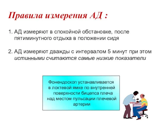 Правила измерения АД : 1. АД измеряют в спокойной обстановке, после пятиминутного