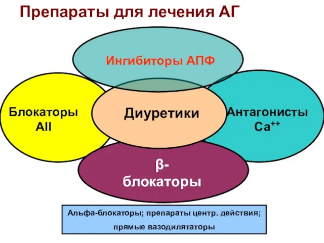 Ингибиторы АПФ Диуретики Антагонисты Са++ β- блокаторы Блокаторы АII Альфа-блокаторы; препараты центр.