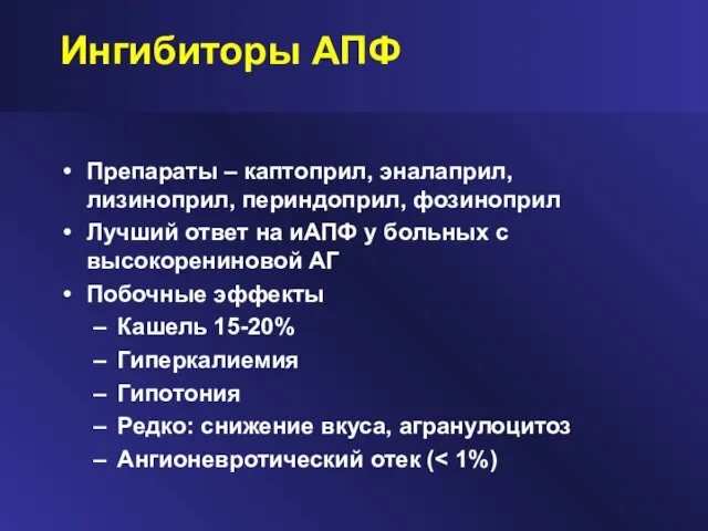 Ингибиторы АПФ Препараты – каптоприл, эналаприл, лизиноприл, периндоприл, фозиноприл Лучший ответ на