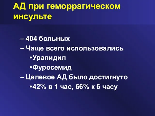 АД при геморрагическом инсульте 404 больных Чаще всего использовались Урапидил Фуросемид Целевое