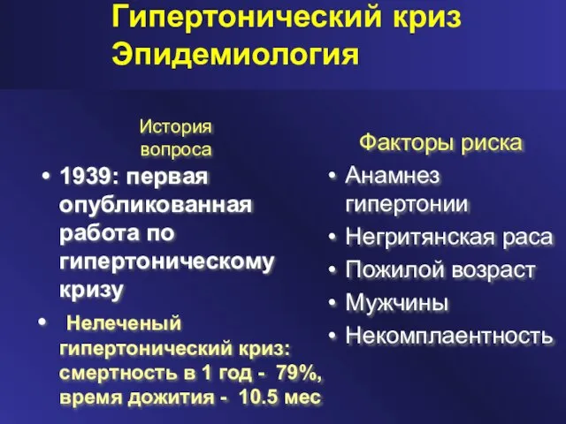 Гипертонический криз Эпидемиология 1939: первая опубликованная работа по гипертоническому кризу • Нелеченый