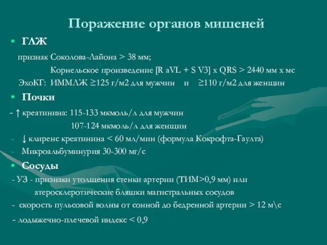 Поражение органов мишеней ГЛЖ признак Соколова-Лайона > 38 мм; Корнельское произведение [R