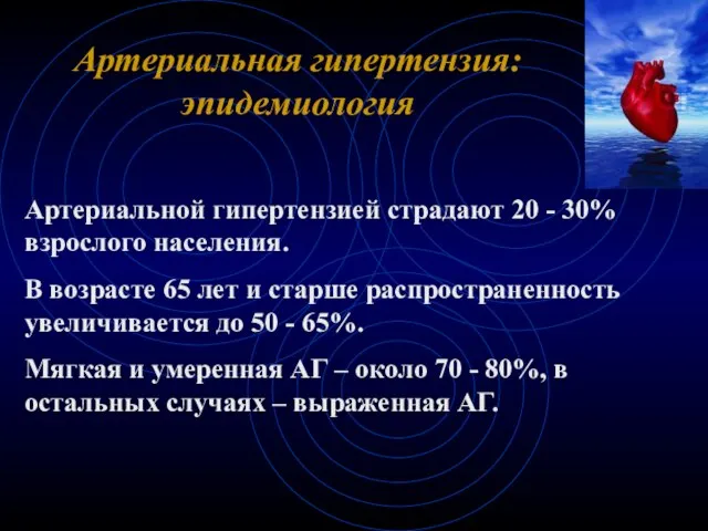 Артериальная гипертензия: эпидемиология Артериальной гипертензией страдают 20 - 30% взрослого населения. В