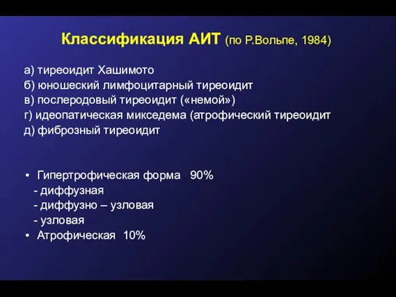 Классификация АИТ (по P.Вольпе, 1984) а) тиреоидит Хашимото б) юношеский лимфоцитарный тиреоидит