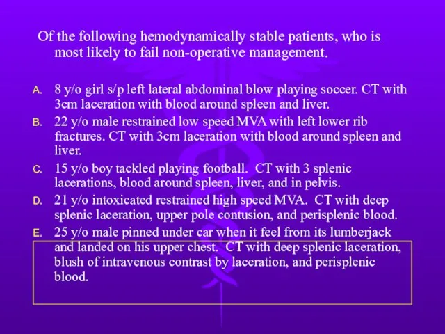 Of the following hemodynamically stable patients, who is most likely to fail