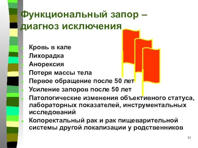 Функциональный запор – диагноз исключения Кровь в кале Лихорадка Анорексия Потеря массы