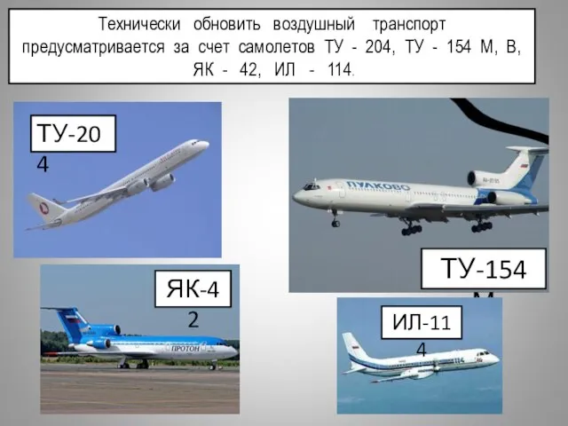 Технически обновить воздушный транспорт предусматривается за счет самолетов ТУ - 204, ТУ