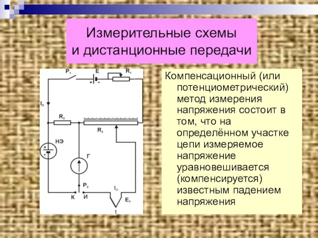 Измерительные схемы и дистанционные передачи Компенсационный (или потенциометрический) метод измерения напряжения состоит