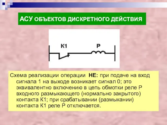 АСУ ОБЪЕКТОВ ДИСКРЕТНОГО ДЕЙСТВИЯ Схема реализации операции НЕ: при подаче на вход