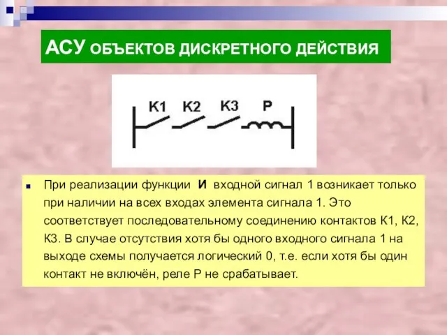 АСУ ОБЪЕКТОВ ДИСКРЕТНОГО ДЕЙСТВИЯ При реализации функции И входной сигнал 1 возникает