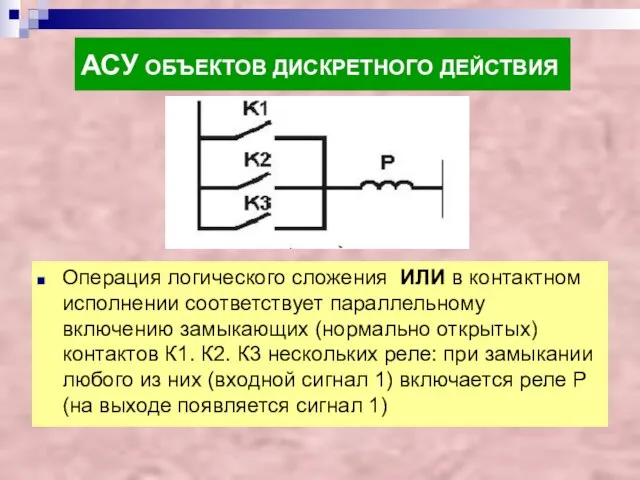 АСУ ОБЪЕКТОВ ДИСКРЕТНОГО ДЕЙСТВИЯ Операция логического сложения ИЛИ в контактном исполнении соответствует