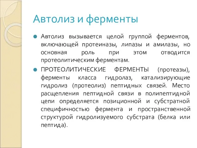 Автолиз и ферменты Автолиз вызывается целой группой ферментов, включающей протеиназы, липазы и