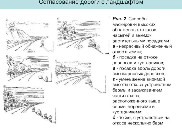 Согласование дороги с ландшафтом Рис. 2. Способы маскировки высоких обнаженных откосов насыпей