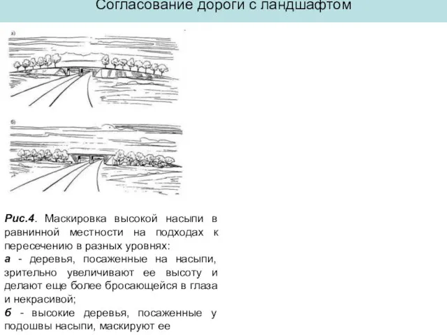 Согласование дороги с ландшафтом Рис.4. Маскировка высокой насыпи в равнинной местности на