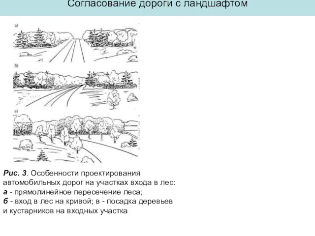 Согласование дороги с ландшафтом Рис. 3. Особенности проектирования автомобильных дорог на участках