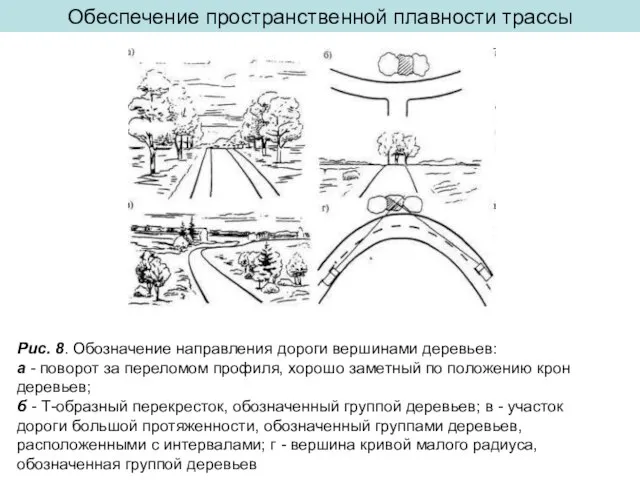 Обеспечение пространственной плавности трассы Рис. 8. Обозначение направления дороги вершинами деревьев: а