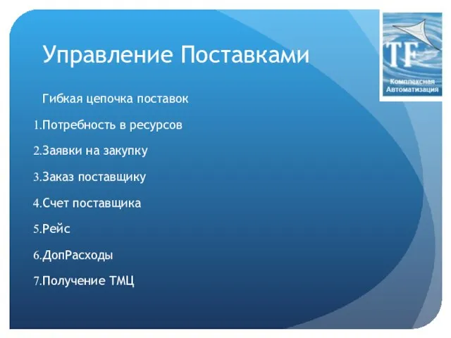 Управление Поставками Гибкая цепочка поставок Потребность в ресурсов Заявки на закупку Заказ