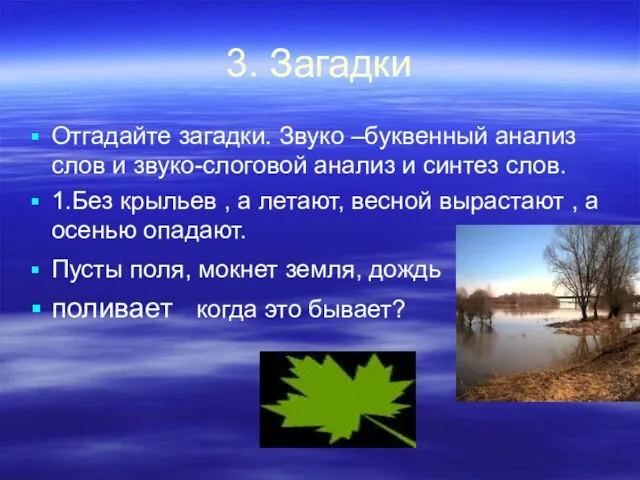 3. Загадки Отгадайте загадки. Звуко –буквенный анализ слов и звуко-слоговой анализ и