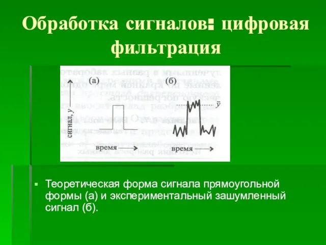 Обработка сигналов: цифровая фильтрация Теоретическая форма сигнала прямоугольной формы (а) и экспериментальный зашумленный сигнал (б).