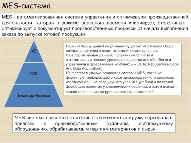 MES-система MES - автоматизированная система управления и оптимизации производственной деятельности, которая в