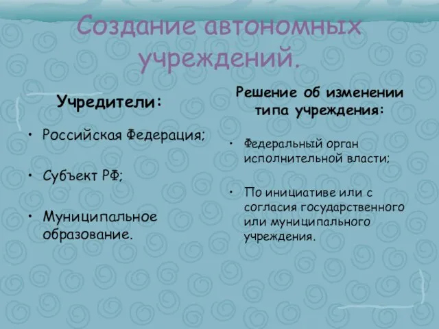 Создание автономных учреждений. Учредители: Российская Федерация; Субъект РФ; Муниципальное образование. Решение об