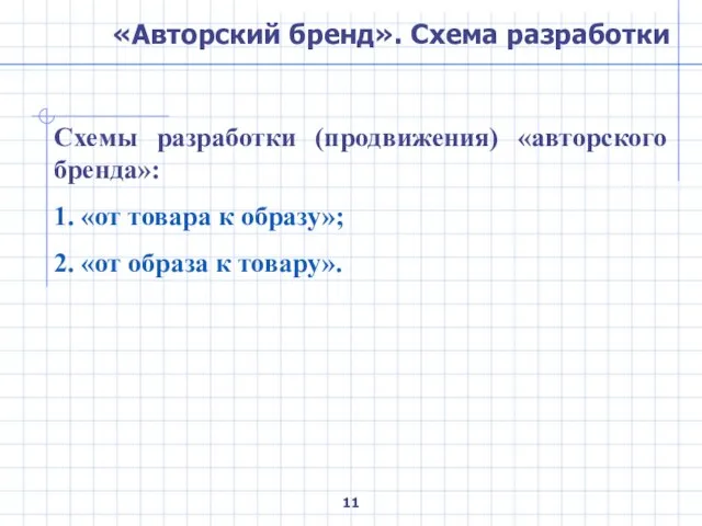 «Авторский бренд». Схема разработки Схемы разработки (продвижения) «авторского бренда»: 1. «от товара