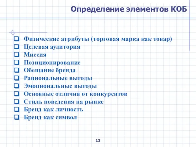 Определение элементов КОБ Физические атрибуты (торговая марка как товар) Целевая аудитория Миссия