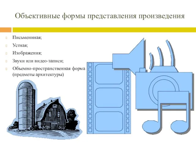 Объективные формы представления произведения Письменнная; Устная; Изображения; Звуки или видео-записи; Объемно-пространственная форма (предметы архитектуры)