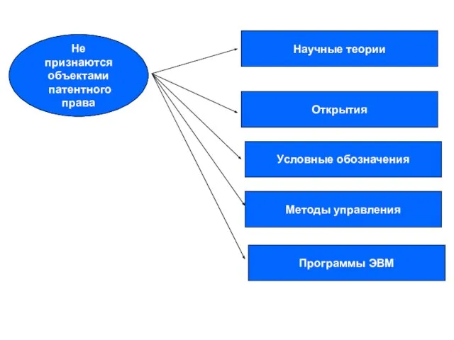 Не признаются объектами патентного права Научные теории Открытия Условные обозначения Методы управления Программы ЭВМ