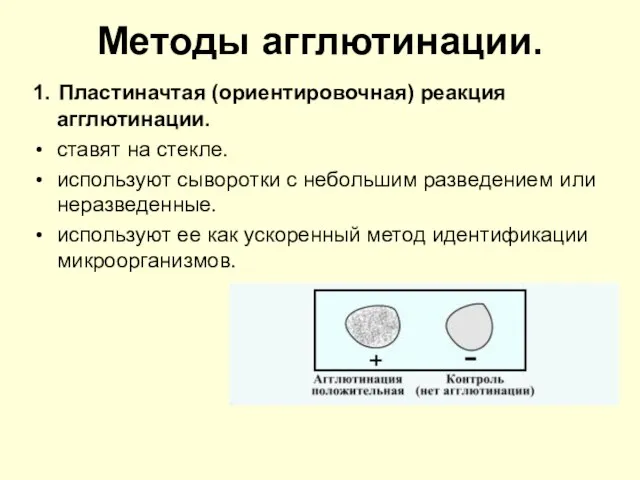 Методы агглютинации. 1. Пластиначтая (ориентировочная) реакция агглютинации. ставят на стекле. используют сыворотки