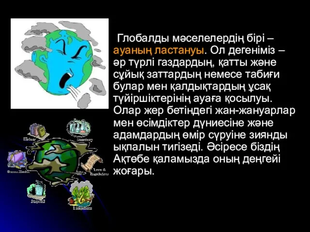 Глобалды мәселелердің бірі – ауаның ластануы. Ол дегеніміз – әр түрлі газдардың,