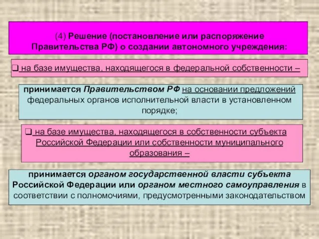 (4) Решение (постановление или распоряжение Правительства РФ) о создании автономного учреждения: на