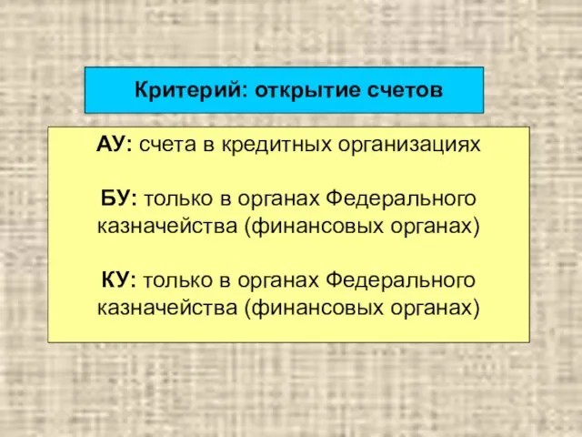 Критерий: открытие счетов АУ: счета в кредитных организациях БУ: только в органах