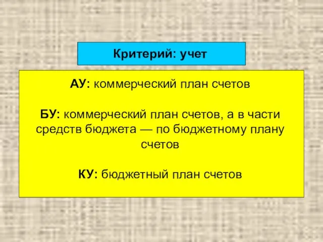 Критерий: учет АУ: коммерческий план счетов БУ: коммерческий план счетов, а в