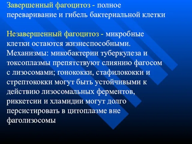 Завершенный фагоцитоз - полное переваривание и гибель бактериальной клетки Незавершенный фагоцитоз -