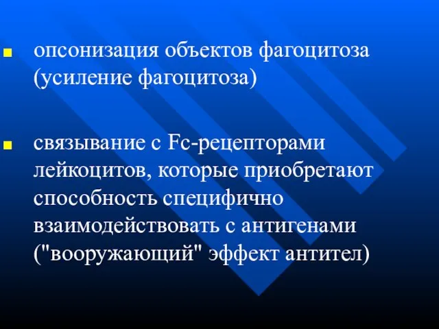 опсонизация объектов фагоцитоза (усиление фагоцитоза) связывание с Fc-рецепторами лейкоцитов, которые приобретают способность