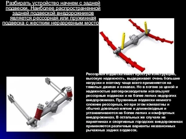 Разбирать устройство начнем с задней подвески. Наиболее распространенной задней подвеской внедорожников является