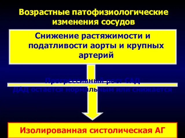 Возрастные патофизиологические изменения сосудов Снижение растяжимости и податливости аорты и крупных артерий