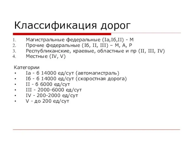 Классификация дорог Магистральные федеральные (Ia,Iб,II) - M Прочие федеральные (Iб, II, III)