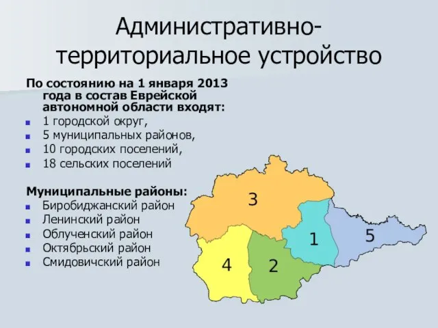 Административно-территориальное устройство По состоянию на 1 января 2013 года в состав Еврейской